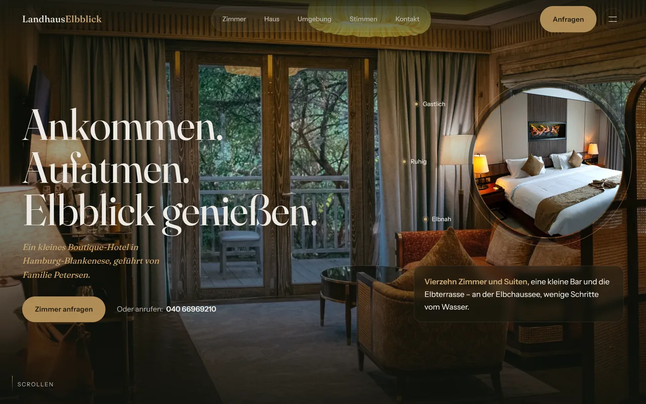Startseite des Landhaus Elbblick in Hamburg: dunkles Foto-Hero mit Zimmeransicht