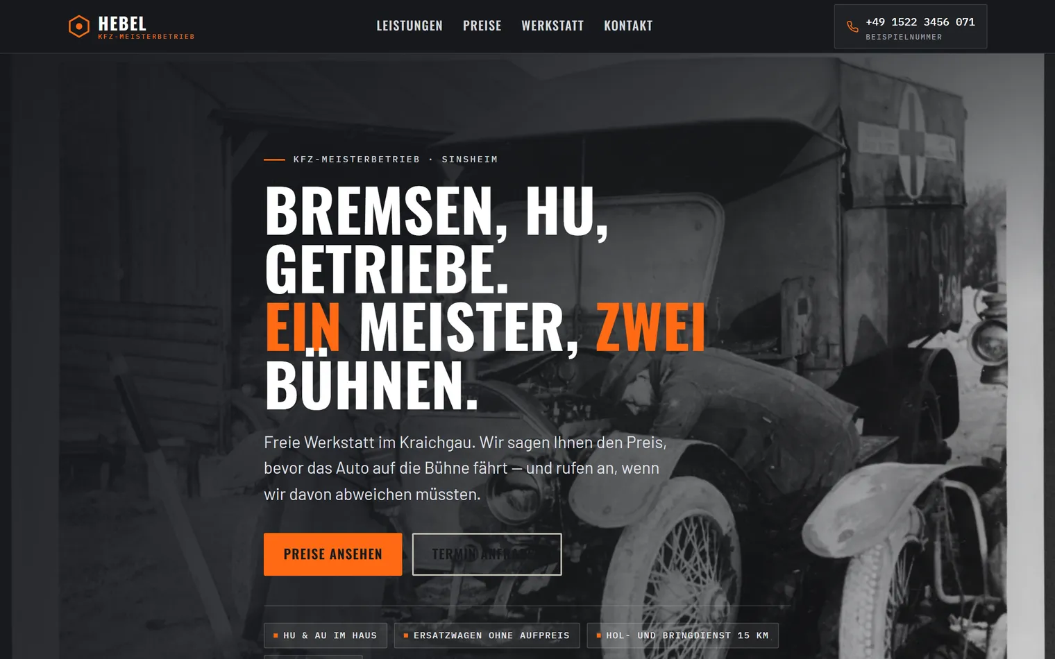 Startseite des Kfz-Meisterbetriebs Hebel in Sinsheim: fast schwarzer Hero mit orangefarbenen Akzenten und der Zeile „Bremsen, HU, Getriebe“