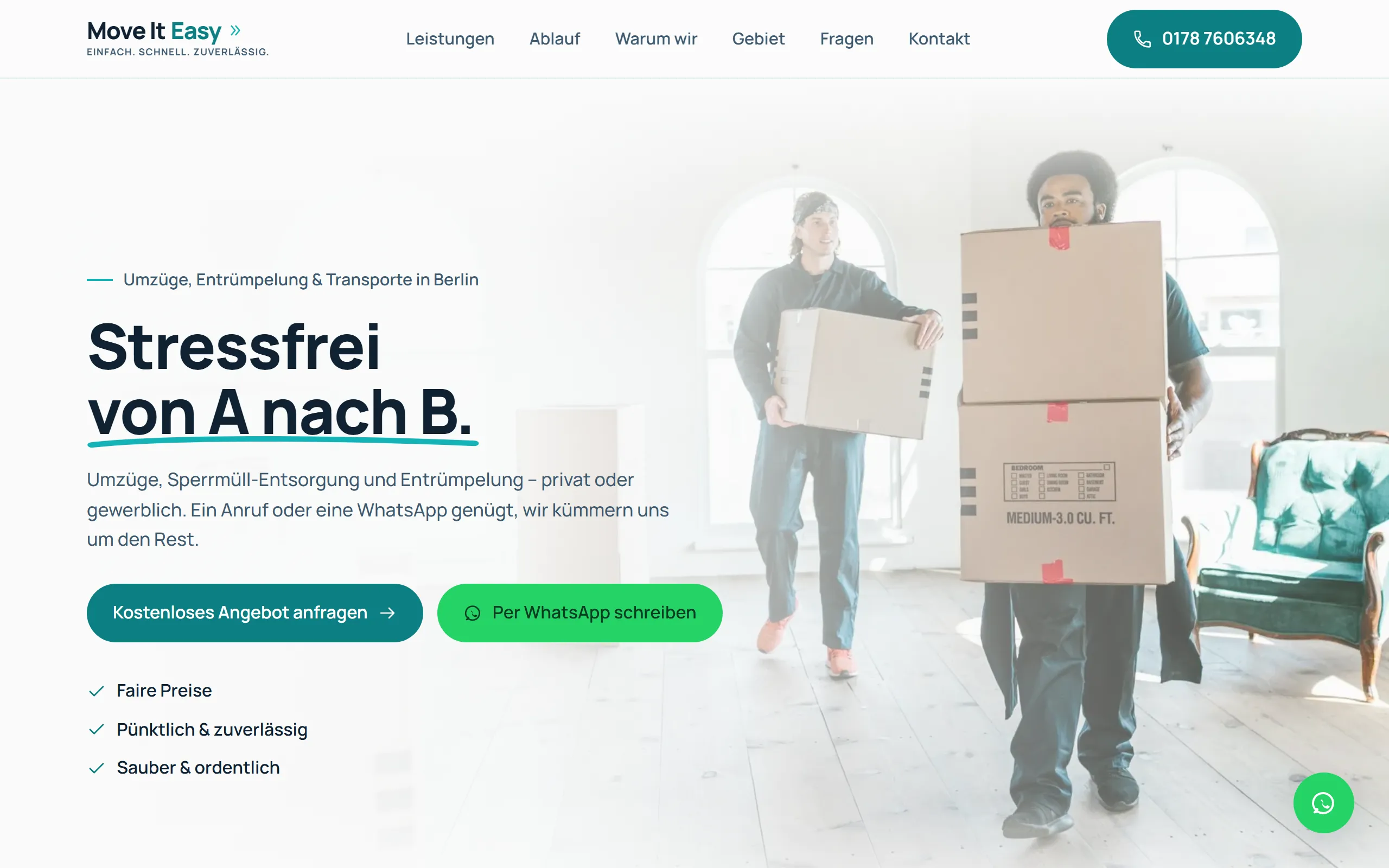 Startseite von Move It Easy in Berlin: Hero „Stressfrei von A nach B.“ mit Umzugshelfern