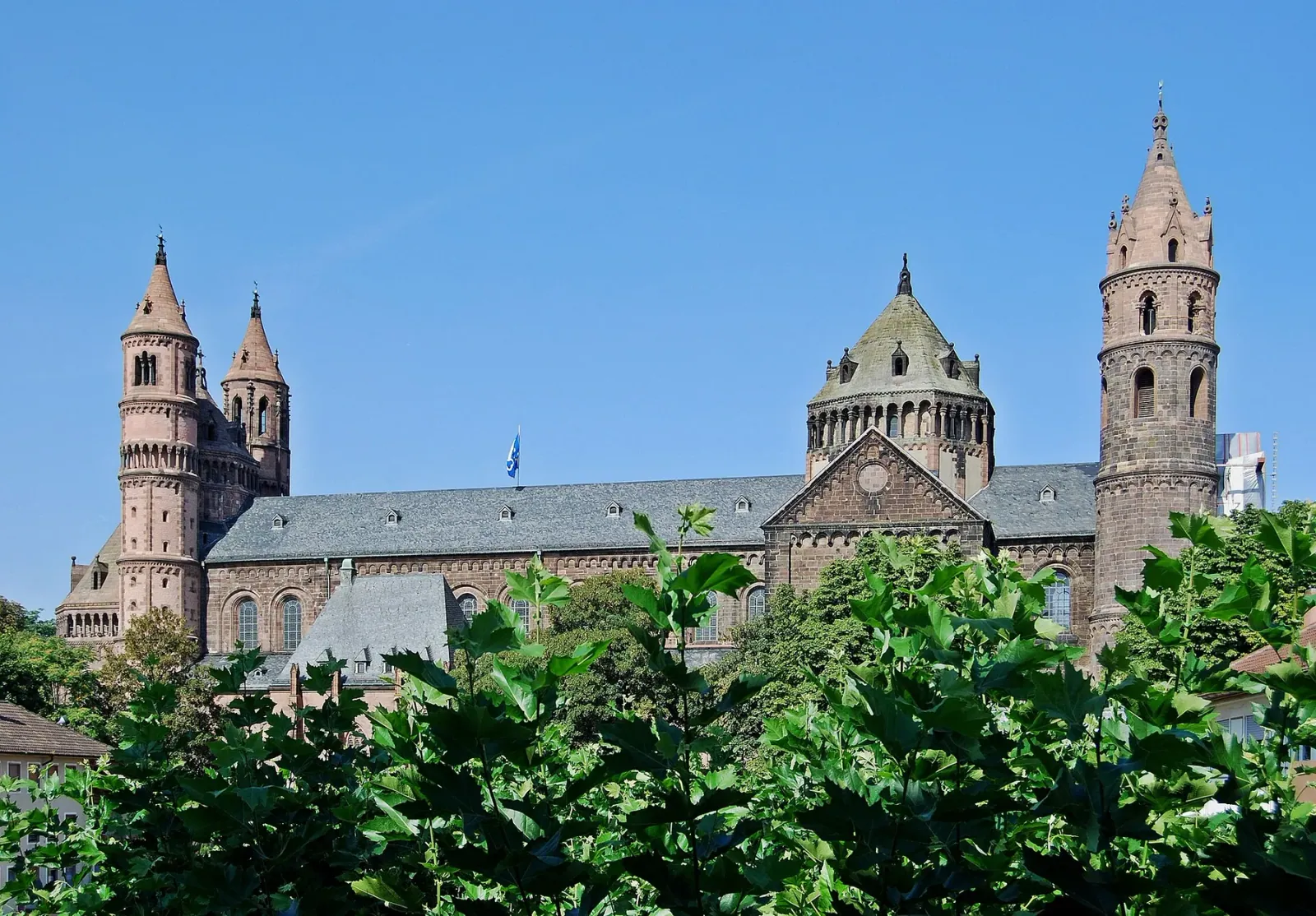 Der Wormser Dom St. Peter im Sommer, davor Baumkronen vor blauem Himmel